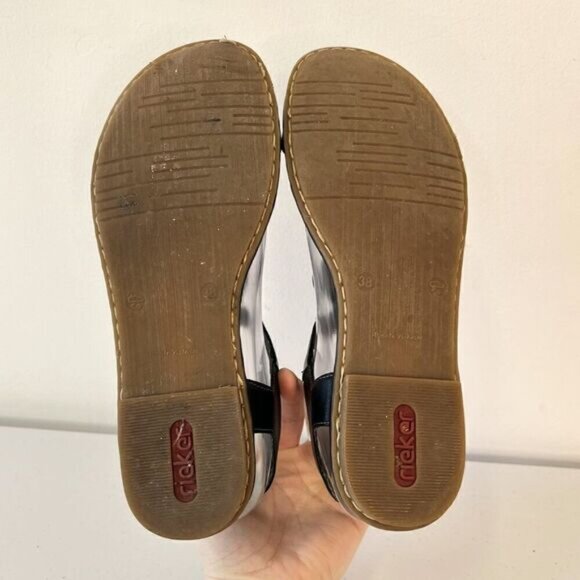 Rieker Black Faux Leather Flat Sandals with Medallion Decals - Picture 7 of 10